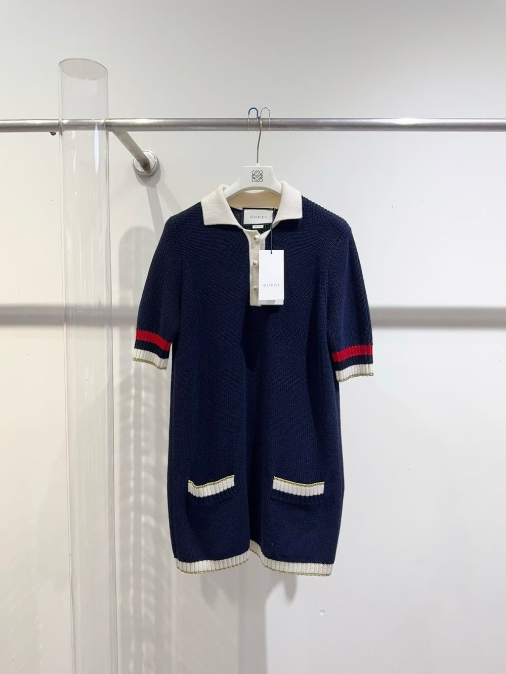 Gucci Navy Knit Polo Dress with Cream Collar and Red Sleeve Stripes